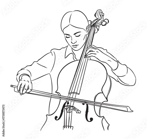 Female cellist playing a cello with focused expression, showcasing her musical skill and dedication to the instrument.
