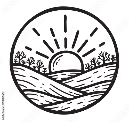 Circular black outline drawing of a landscape with rolling hills, bare trees, and a rising sun emitting rays.