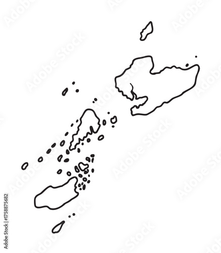 Black outline map depicting the fiji islands with various sizes of land masses spread across the ocean.