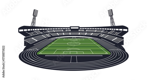A detailed illustration of a modern sports stadium with a vibrant green soccer field and stadium lights presented in a striking silhouette style