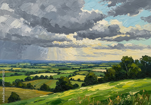 Impressionist Landscape Painting of Rolling Hills Under Stormy Skies impressionist style