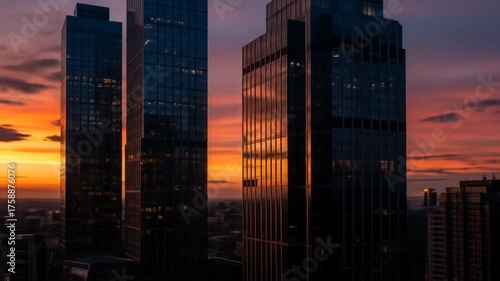 Steel giants gleam reflecting twilights fire urban silhouettes pierce painted skies