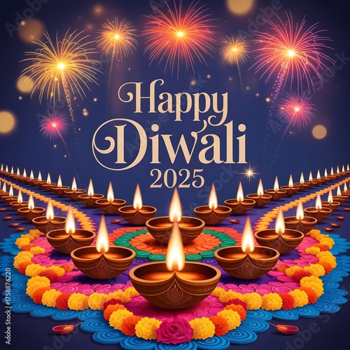 Happy Diwali with Diwali diya and festive fireworks display