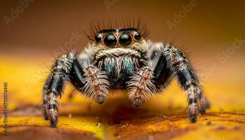 Detailed macro photograph of a curious jumping spider looking forward.