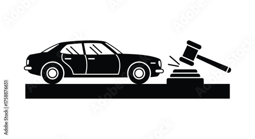 Black silhouette of a car being auctioned off with a gavel striking the podium silhouette