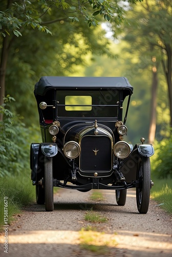 Vintage black 1910s 1920s Ford Model T taxi cab double phaeton. AAA 2022 classic car in a forest