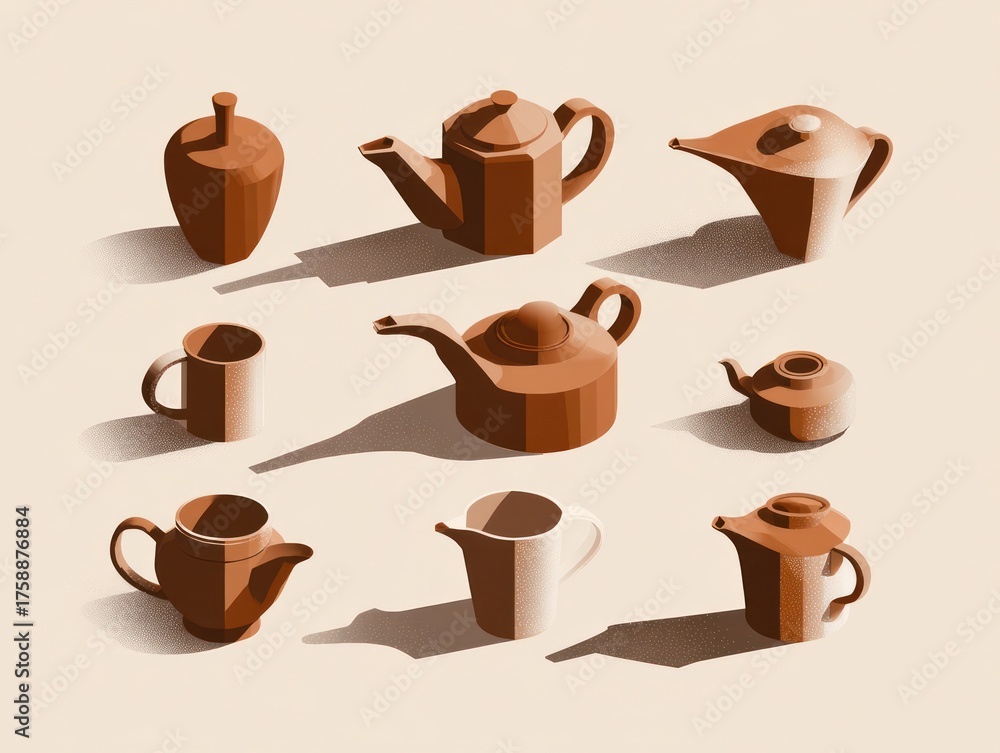 Obraz premium Collection of brown teapots and cups on beige background illustrations