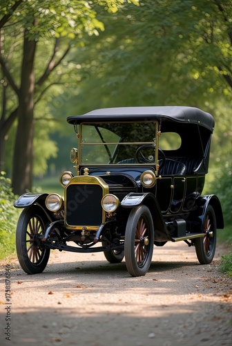 Vintage black 1910s 1920s Ford Model T taxi cab double phaeton. AAA 2022 classic car in a forest