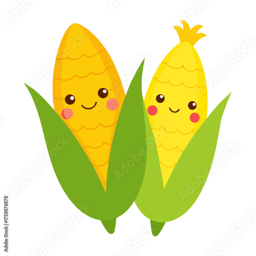 Two adorable cartoon corn cobs with happy faces peeking through green leaves isolated on white background