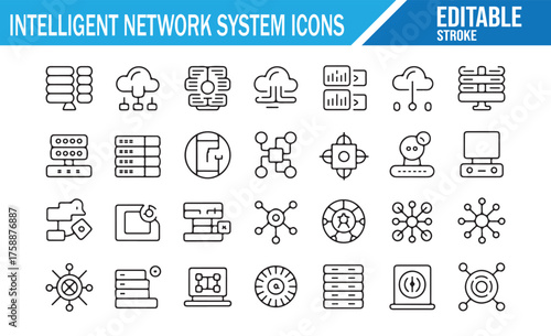 Editable Stroke Network Icons – Cloud, Server, AI, IoT, Security, and Connectivity Line Set
