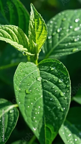 Close up of vibrant green plant leaves with water droplets