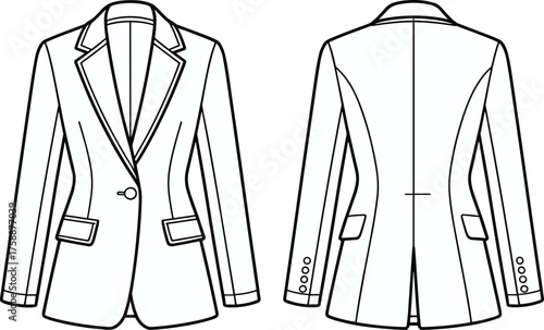 Blazer flat sketch, technical fashion drawing, tailored jacket design, front and back view, apparel construction template, clothing vector illustration, garment design, menswear style