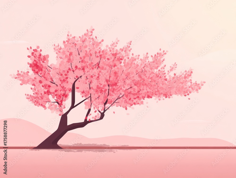 Fototapeta premium Pink flowering tree illustration against a soft background with copy space