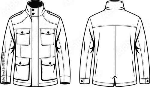Military jacket flat sketch, technical fashion drawing, front and back view, multi-pocket design, apparel construction template, clothing vector illustration, garment blueprint