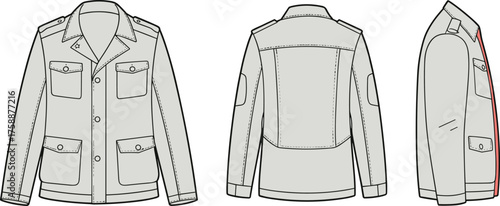 Military jacket flat sketch, technical fashion drawing, front back side view, notched collar design, garment blueprint, clothing vector illustration, structured silhouette