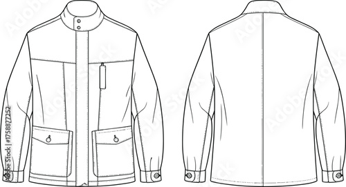 Utility jacket flat sketch, technical fashion drawing, front and back view, buttoned flap pockets, apparel construction template, clothing vector illustration, garment blueprint