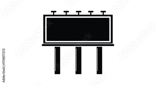 A simple black silhouette of a large outdoor advertising billboard on three sturdy poles against a white background silhouette