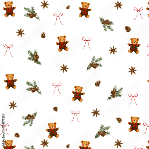 Cozy Christmas seamless pattern with teddy bears in plaid pajamas, pine cones, spruce branches, and red bows on transparent background. Perfect for holiday wrapping paper and festive designs.
