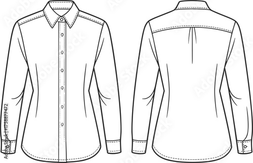 Women’s shirt flat sketch, technical fashion drawing, long sleeve button up, front and back view, apparel construction template, clothing vector illustration, tailored blouse