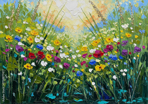 Vibrant field of wildflowers under bright sunlight and blue sky flower field nature