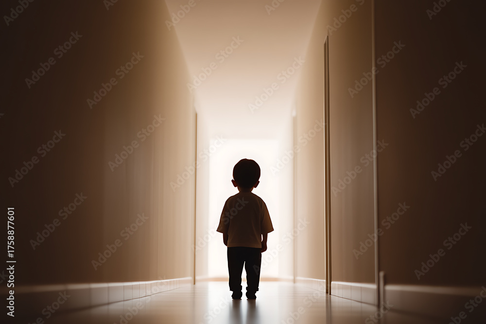 Fototapeta premium A lone child stands at the end of a dimly lit hallway, facing the light. The perspective emphasizes the distance and the child's small stature, evoking a sense of solitude.