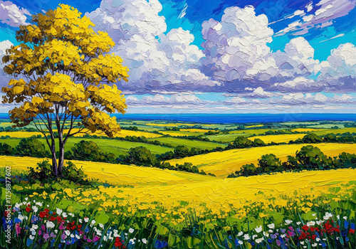 Vibrant Oil Painting of a Yellow Field and Wildflowers Under a Blue Sky impressionism