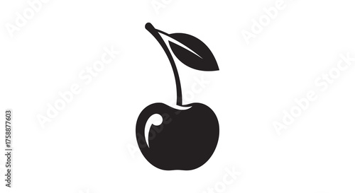A single dark black silhouette of a ripe cherry with a stem and leaf on a white background silhouette