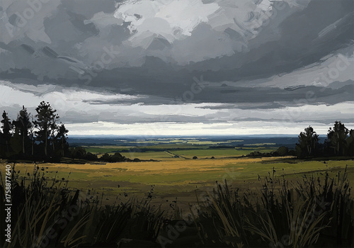 Wide landscape of rolling fields under a dramatic stormy sky rolling hills clouds