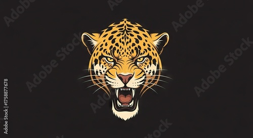 A stylized jaguar head growling and facing forward set against a dark background