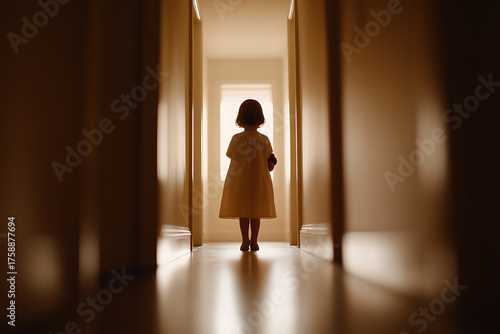 A young girl walks down a hallway, her back to the camera, with a teddy bear clutched in her arms. The light at the end beckons her forward, casting soft shadows around her.