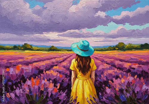 Woman in yellow dress and blue hat in lavender field under cloudy sky summer