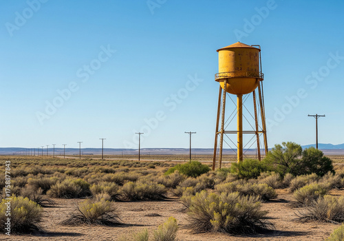 Yellow Water Tower In A Dry Desert Landscape With Power Lines arid dry landscape