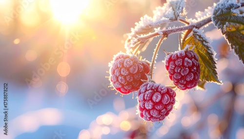 Frozen red raspberries covered in frost on a sunlit winter morning.
