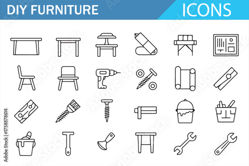 Woodworking & Home Assembly Line Icon Pack for Furniture and Tools