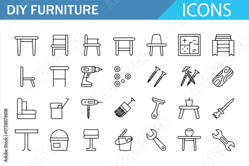 Minimal DIY Furniture Icons – Outline Tools, Chairs, Tables, Plans, and Parts