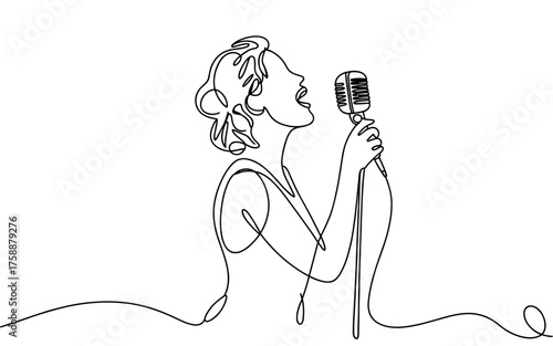Minimalist continuous line vector illustration showing a woman passionately singing into a classic microphone, representing music, performance, and art.