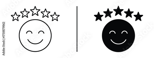 Five Star Rating: Two emoticons, one outlined and the other filled, each crowned with a five-star rating, convey satisfaction and positive feedback.