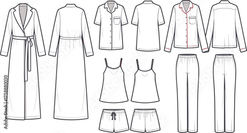 women sleepwear set cad drawing, flat fashion vector illustration, pajama and nightgown template, loungewear design front and back view, apparel