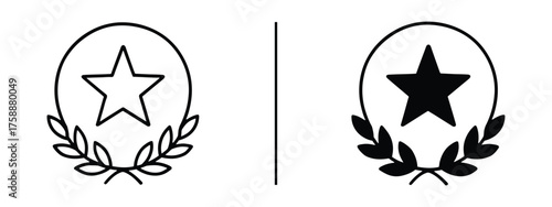 Star and Laurel Emblem: A minimalist line-art illustration showcases a star within a circular frame, encircled by laurel branches. the contrast between filled and outline star enhances visual appeal