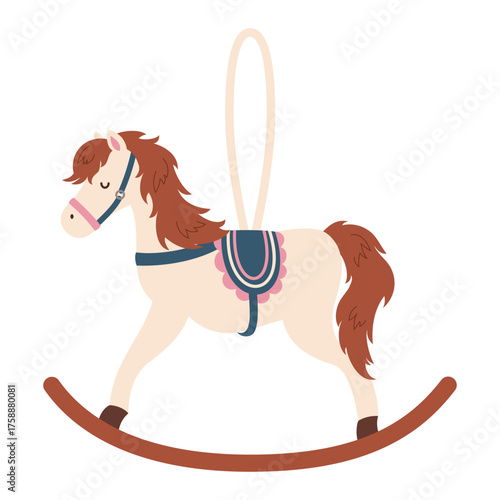 Christmas tree decoration in shape of rocking horse. Old-fashioned vintage seasonal glass toy for Xmas fir plant.Traditional cozy winter element for holidays. New Year and Christmas decoration.