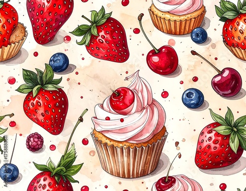 Watercolor-style illustration with assorted berries and cupcakes