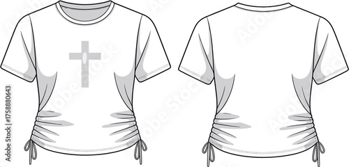 Women's drawstring crop t-shirt front and back view, modern short sleeve top with cross print, vector fashion illustration