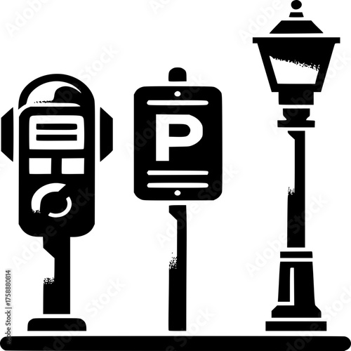 Urban Guidance Trio: A sleek parking meter, a clear parking sign, and an elegant streetlight.  A stark black and white composition.