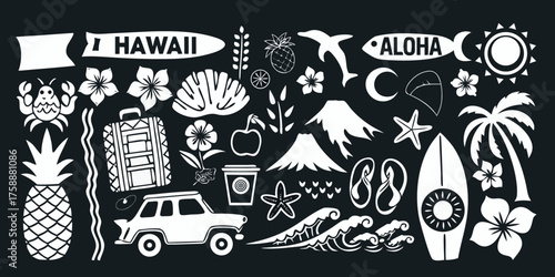 Collection of hawaiian icons and symbols on a dark background