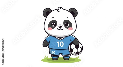 Cute panda cartoon character in blue uniform playing soccer on field