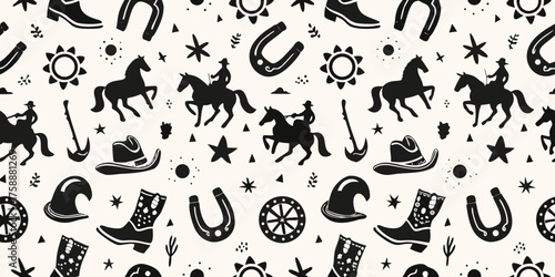 Whimsical western silhouette pattern featuring cowboys horses hats boots and horseshoes