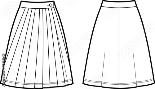 Pleated skirt front and back view, knee length fashion design, detailed apparel CAD drawing flat vector illustration, technical clothing template