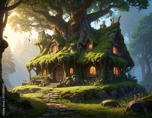 Whimsical cottage nestled within a majestic, ancient, moss-covered tree