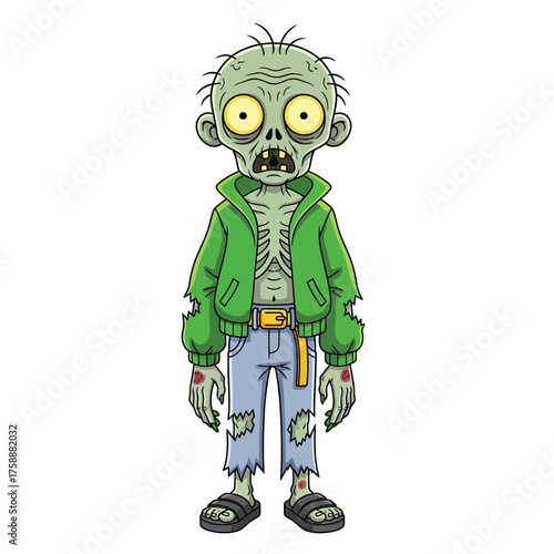 Cartoon zombie character in green hoodie and ripped jeans