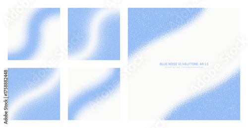 Assorted vector blue noise halftone pattern set in square 1:1 aspect ratio including smooth curved twisted frame and various distorted textures. Varied grainy texture graphic design element collection